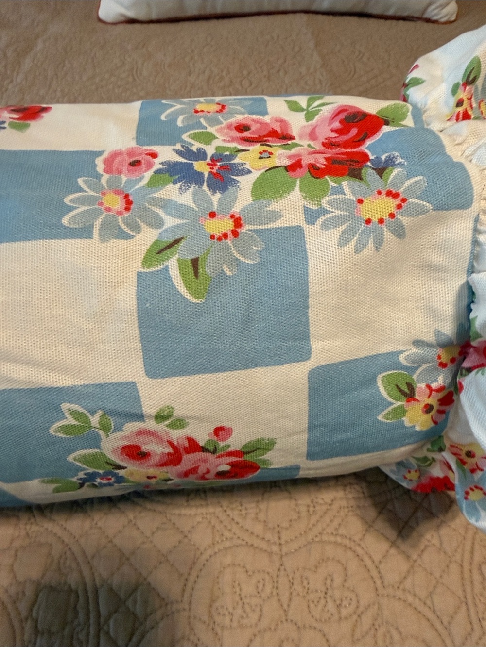 Cath Kidston Blue & Pink Floral Check Bolster Pillow - Picture 3 of 5